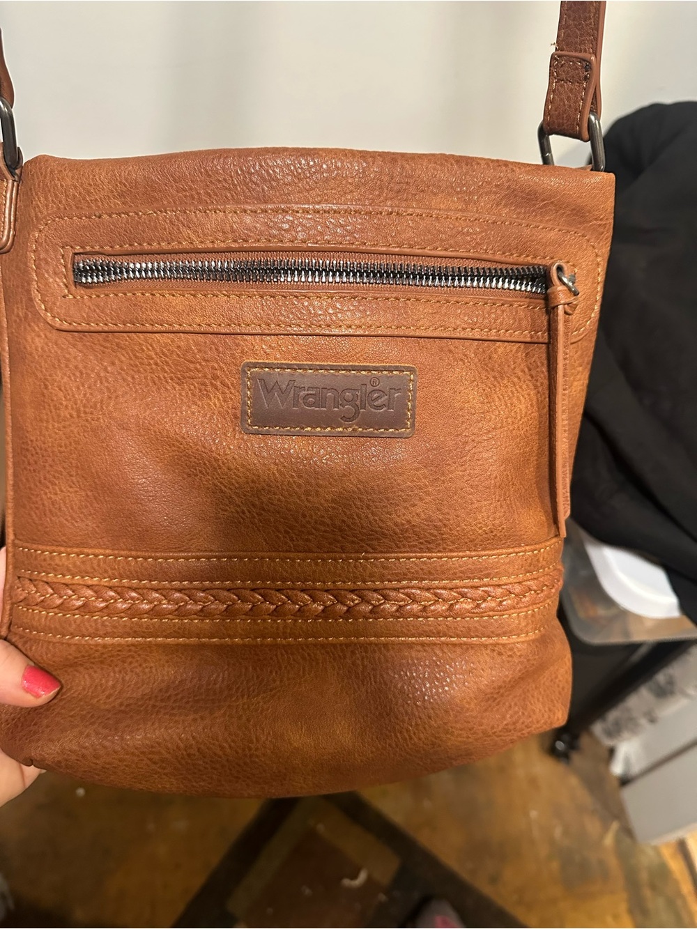 Wrangler Brown Leather Messenger Crossbody with Braided Accent